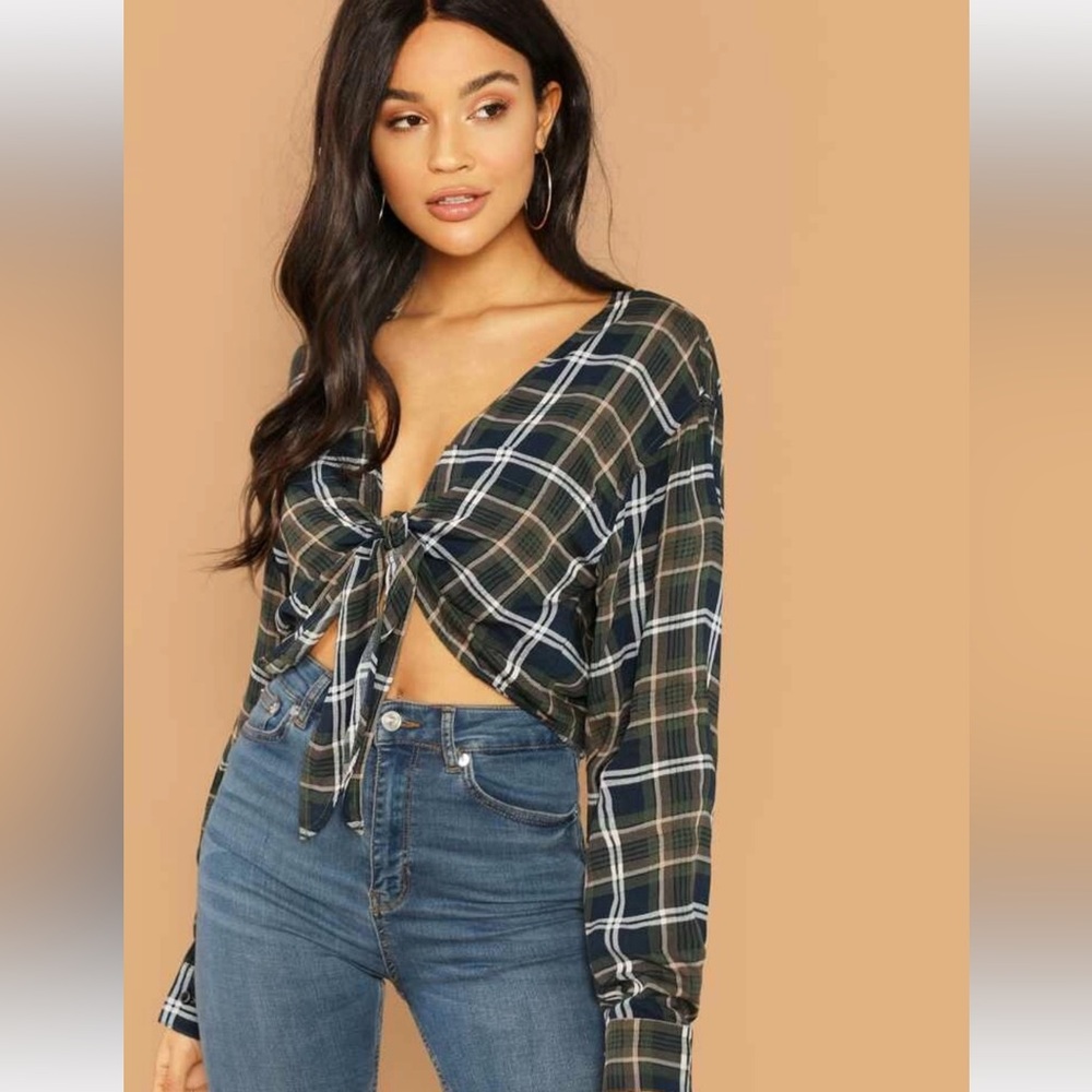 Tie Front Plaid Crop Shirt